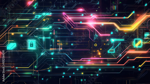 vibrant futuristic cybersecurity network with colorful digital elements