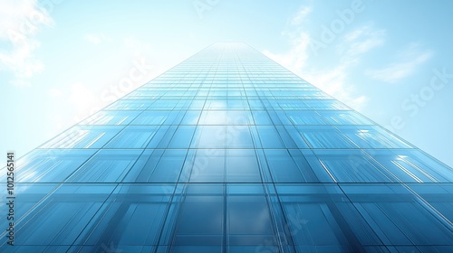 3D model of a sleek skyscraper with a reflective surface, viewed from a ground-level angle to highlight its height, set against a white background. The color tone features cool blues and glassy 