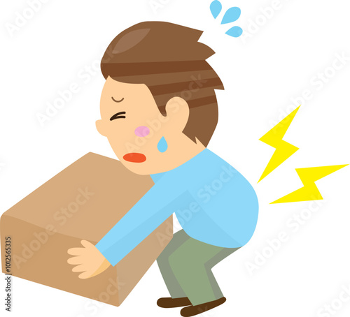 大きな荷物を持ち上げようとして腰を痛める男性のイラスト
