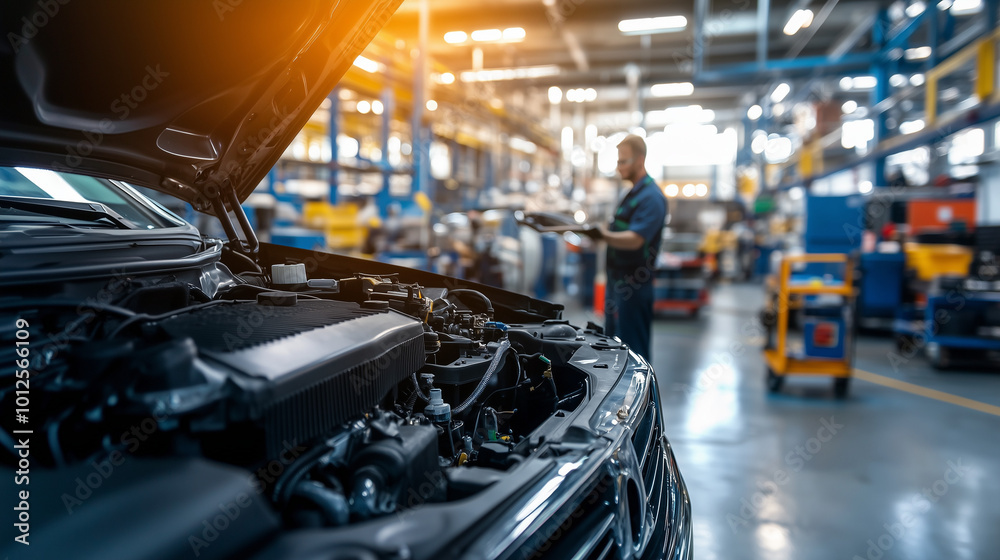 Mechanic inspecting engine with tools scattered around, symbolizing vehicle malfunction and repair process. Mechanic inspecting engine with tools scattered around, symbolizing vehicle malfunction and repair process.