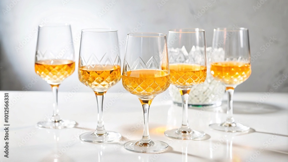 A collection of elegant glasses filled with golden liquid. A collection of elegant glasses filled with golden liquid.
