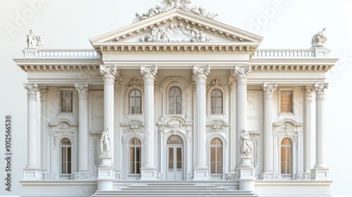 3D model of a tranquil museum building, positioned at a diagonal angle to emphasize its artistic architecture, against a white background. The color tone includes soft greys and whites, using 