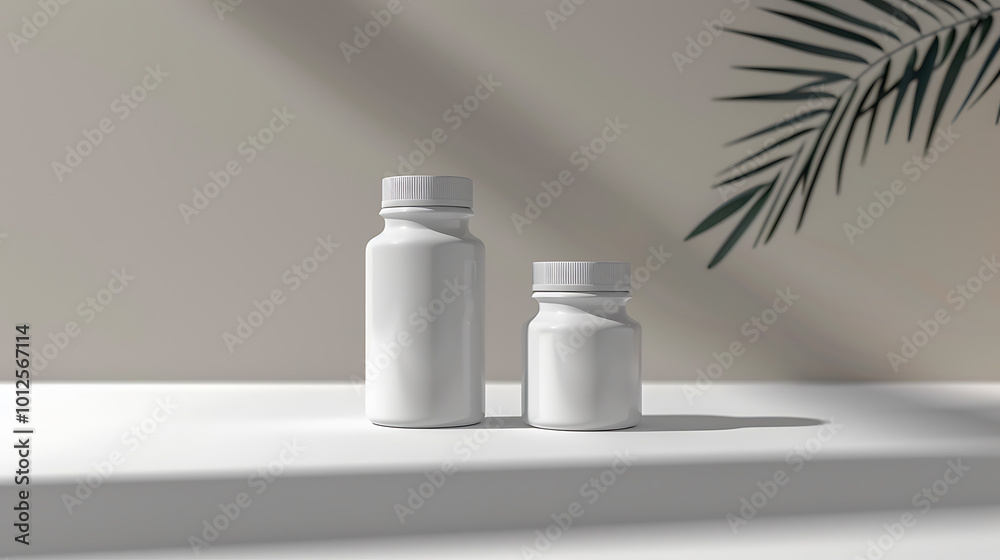 Two white pill bottles sit on a white surface with a pale background. A palm leaf is visible in the upper right corner. Two white pill bottles sit on a white surface with a pale background. A palm leaf is visible in the upper right corner.