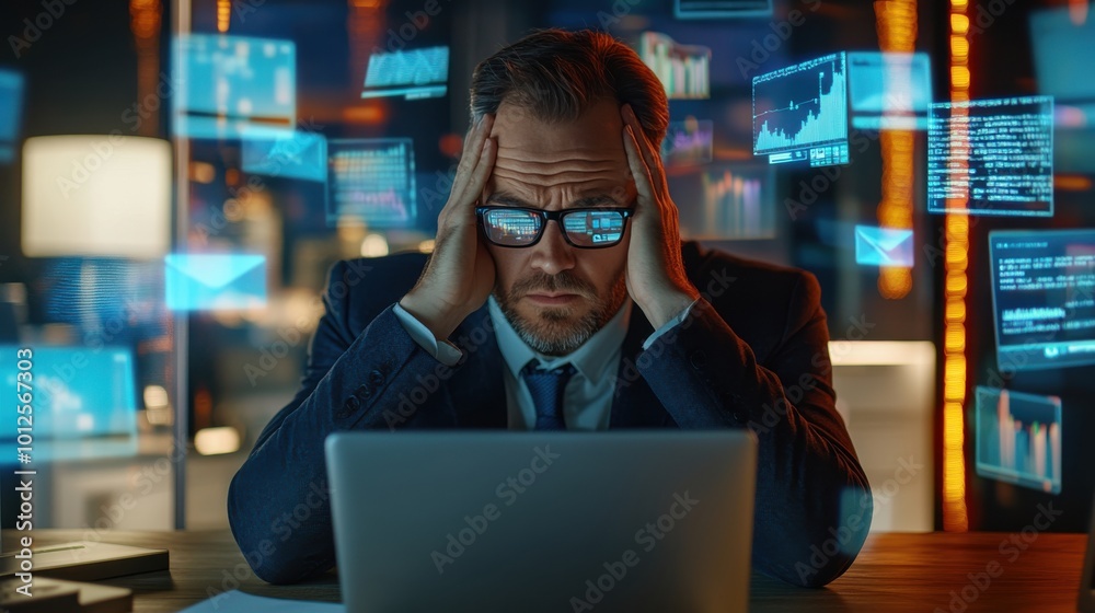 businessman in a suit holding his head in frustration while analyzing financial data on his laptop, surrounded by digital charts and graphs in a high-tech office. businessman in a suit holding his head in frustration while analyzing financial data on his laptop, surrounded by digital charts and graphs in a high-tech office.
