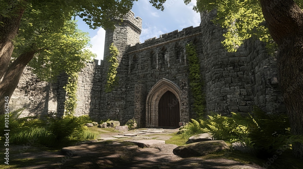 Medieval Castle Entrance Surrounded by Lush Foliage Medieval Castle Entrance Surrounded by Lush Foliage