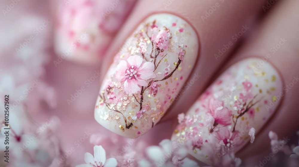 A delicate and intricate nail art design with floral patterns and soft pastel colors, perfect for spring. A delicate and intricate nail art design with floral patterns and soft pastel colors, perfect for spring.