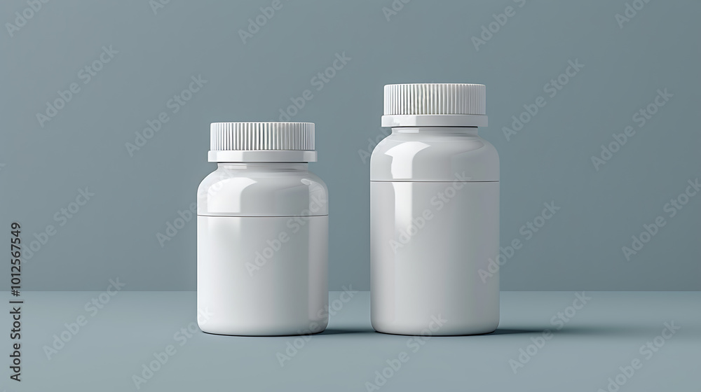 Two blank white pill bottles on a light blue background. The bottles are ready for your design. Two blank white pill bottles on a light blue background. The bottles are ready for your design.