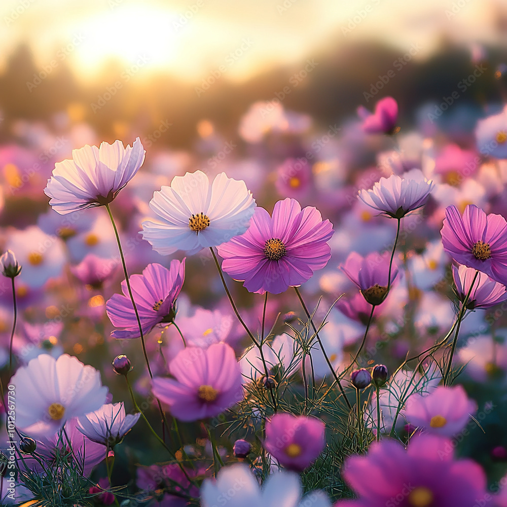 A beautiful field of cosmos flowers in various shades of pink A beautiful field of cosmos flowers in various shades of pink
