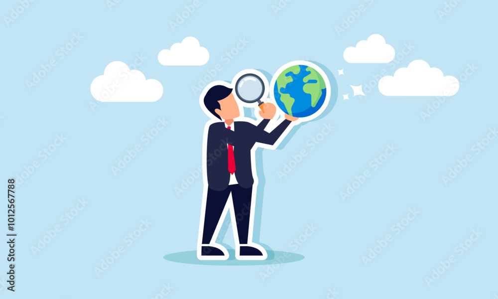 A businessman observing the globe with a magnifying glass, illustrating the examination of emerging global business trends. A businessman observing the globe with a magnifying glass, illustrating the examination of emerging global business trends.