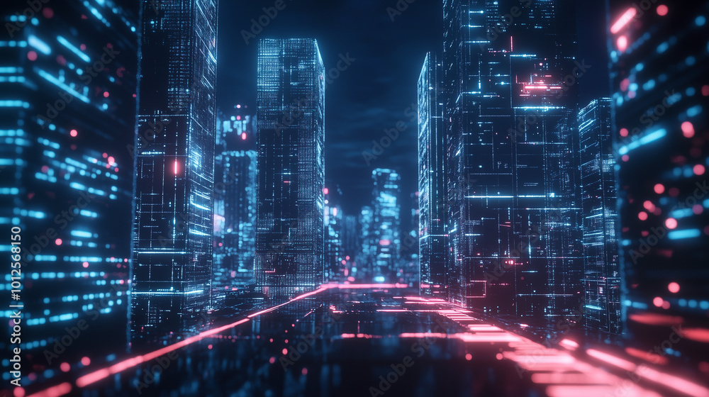 Obraz premium Abstract digital cityscape with flowing lines and holograms. Futuristic tech. Blurred foreground. Red path for progress.