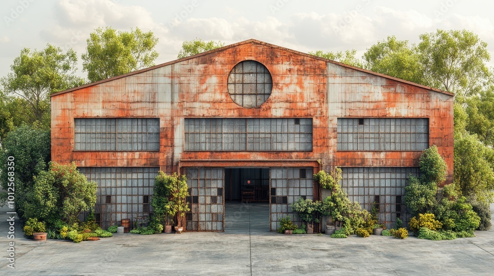 3D model of an industrial warehouse, viewed from an elevated angle to highlight the expansive layout, set against a white background. The color tone features muted greys and rust colors, using 3D model of an industrial warehouse, viewed from an elevated angle to highlight the expansive layout, set against a white background. The color tone features muted greys and rust colors, using
