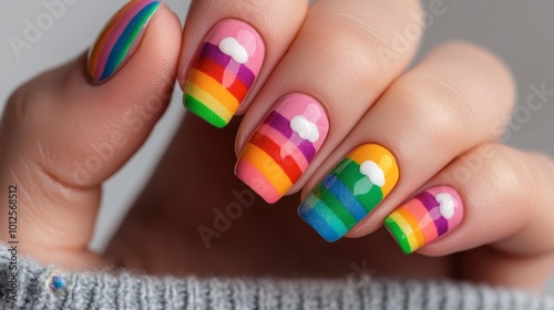 A fun nail art design with rainbow stripes and small clouds, ideal for a cheerful and playful appearance.