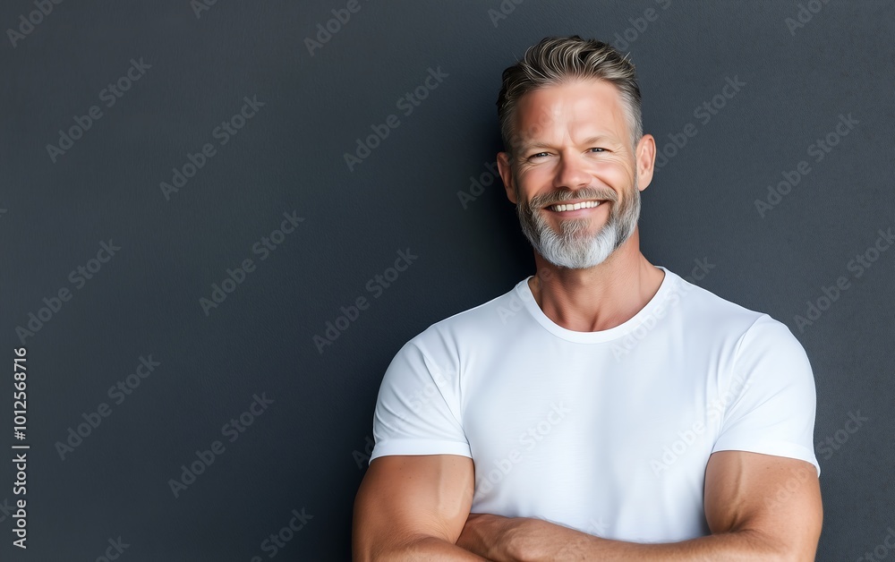 A smiling man with a beard stands confidently against a dark wall, wearing a fitted white t-shirt. A smiling man with a beard stands confidently against a dark wall, wearing a fitted white t-shirt.