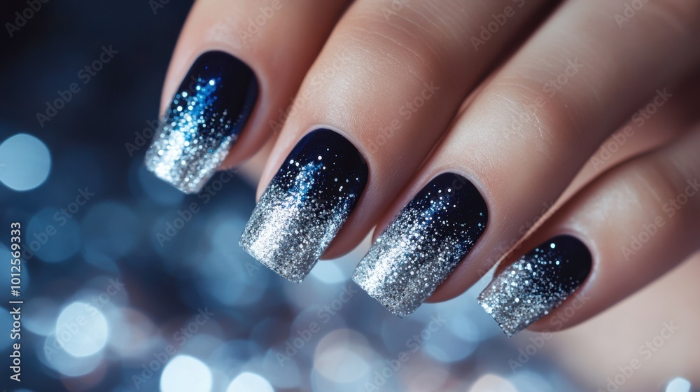 A glamorous set of nails with glittery ombre effect, transitioning from dark blue to silver, perfect for a night out or special occasion. A glamorous set of nails with glittery ombre effect, transitioning from dark blue to silver, perfect for a night out or special occasion.