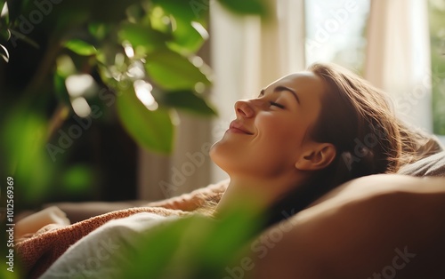 A serene woman is resting with a content smile, surrounded by lush green plants in a bright, cozy setting.