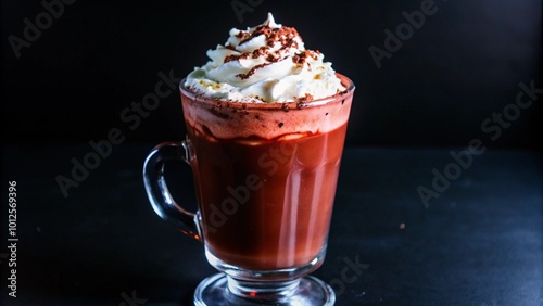 A creamy hot chocolate topped with whipped cream and chocolate shavings.