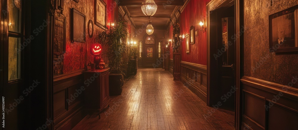A dark and mysterious hallway in an old mansion with a spooky pumpkin and framed pictures on the walls. A dark and mysterious hallway in an old mansion with a spooky pumpkin and framed pictures on the walls.