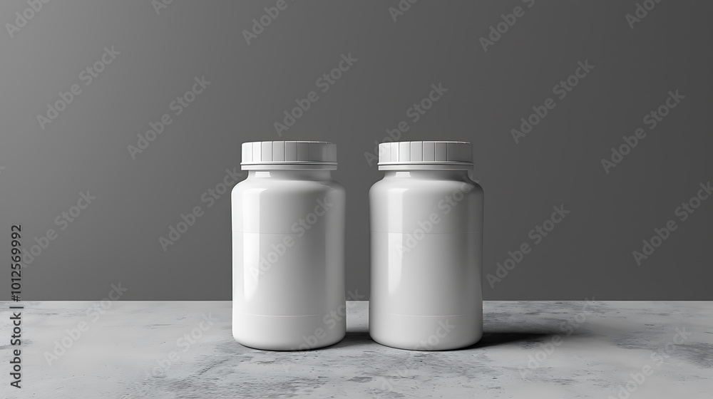Two white plastic bottles on a marble counter, ready for your label design. Two white plastic bottles on a marble counter, ready for your label design.