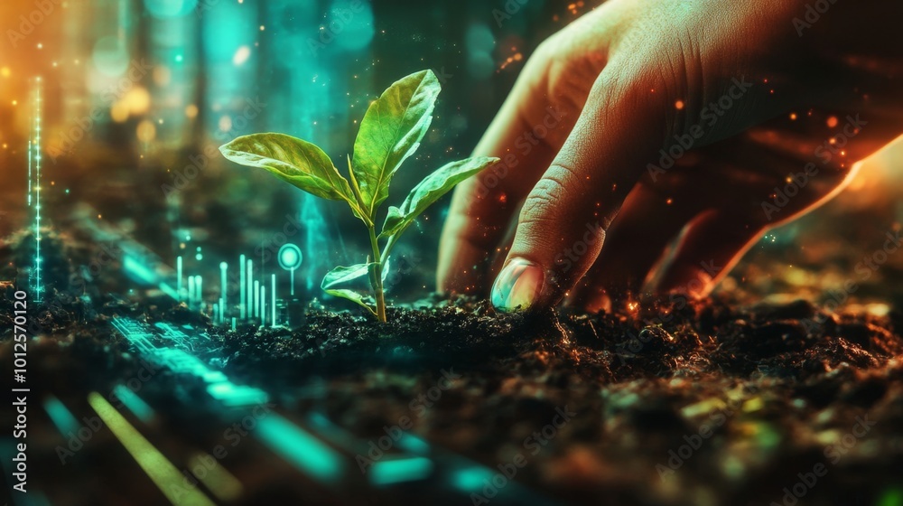 Fototapeta premium Gentle Hands Planting a Seedling in Vibrant Soil