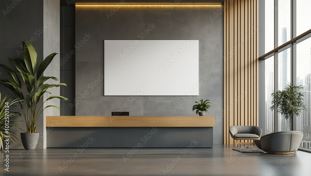 Interior of modern hotel lobby with grey and wooden walls, tiled floor, panoramic window with blurry cityscape and vertical mock up poster.