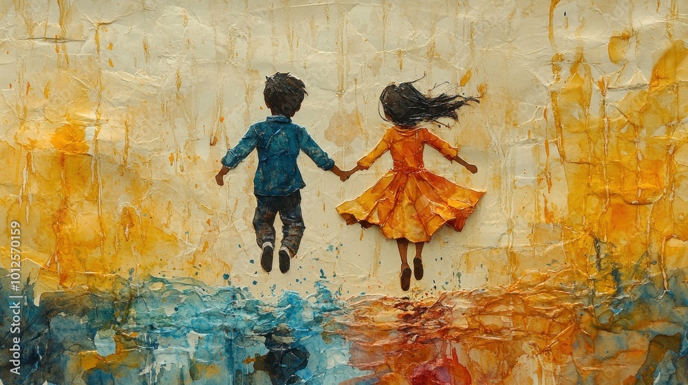 Obraz premium A boy and a girl holding hands, jumping together in the rain, the scene portrayed in simple watercolor strokes on textured parchment paper 