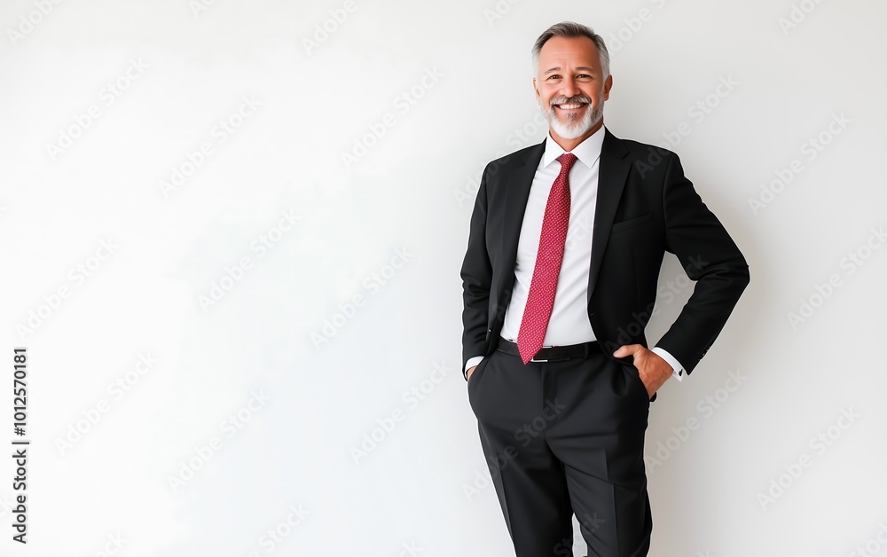 A confident businessman in a suit stands against a plain background, exuding professionalism and charisma with a smile.