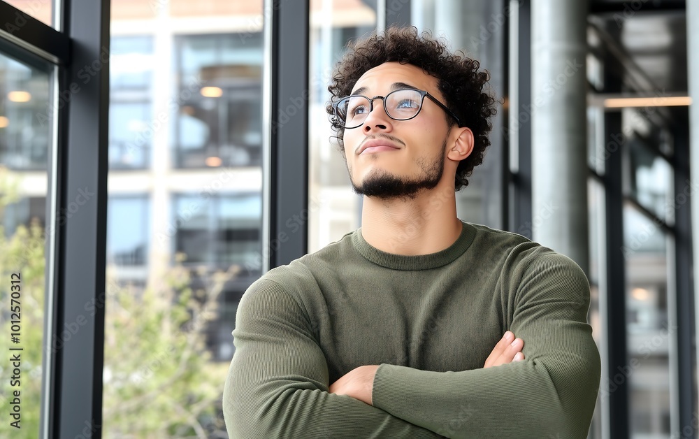 A thoughtful young man in glasses stands confidently with arms crossed, gazing upward in a modern indoor setting. A thoughtful young man in glasses stands confidently with arms crossed, gazing upward in a modern indoor setting.