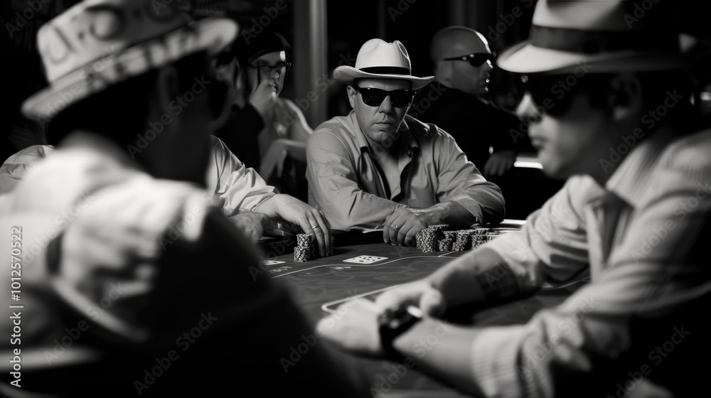 High Stakes Poker Game with Intense Players in Sunglasses High Stakes Poker Game with Intense Players in Sunglasses
