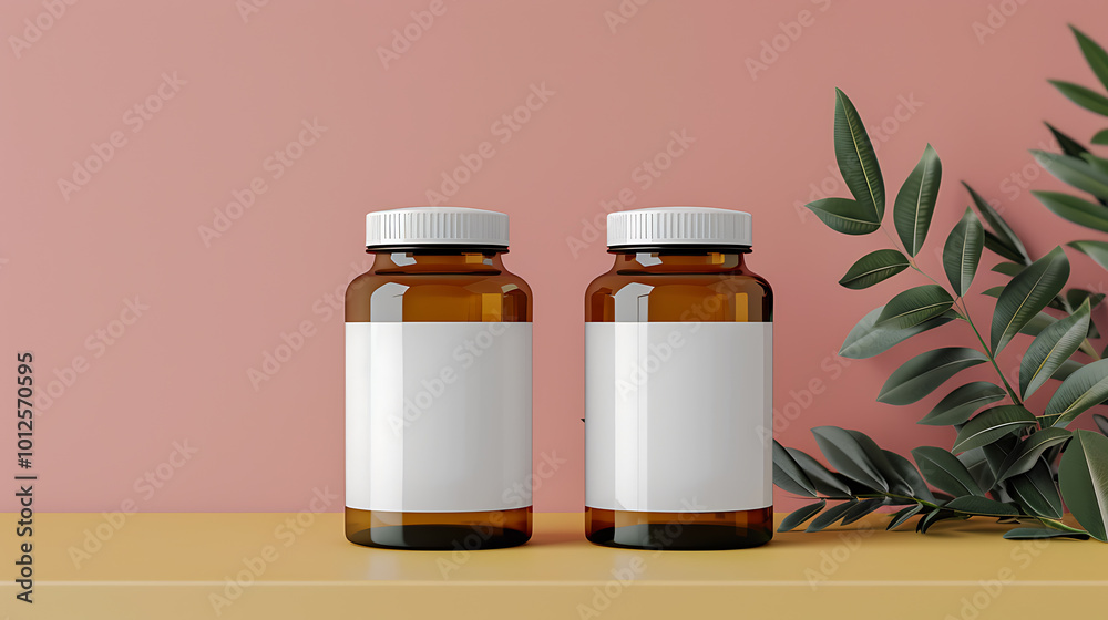 Two amber glass bottles with blank white labels, against a pink background with green foliage. Mockup for product packaging or branding. Two amber glass bottles with blank white labels, against a pink background with green foliage. Mockup for product packaging or branding.
