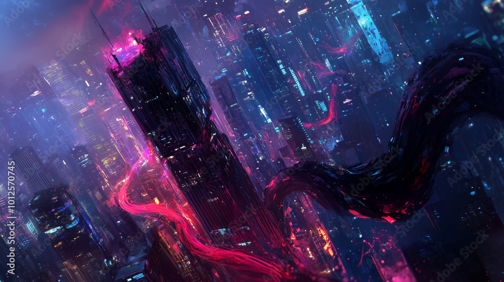 Abstract digital cityscape with flowing lines and holograms. Futuristic tech. Blurred foreground. Red path for progress.