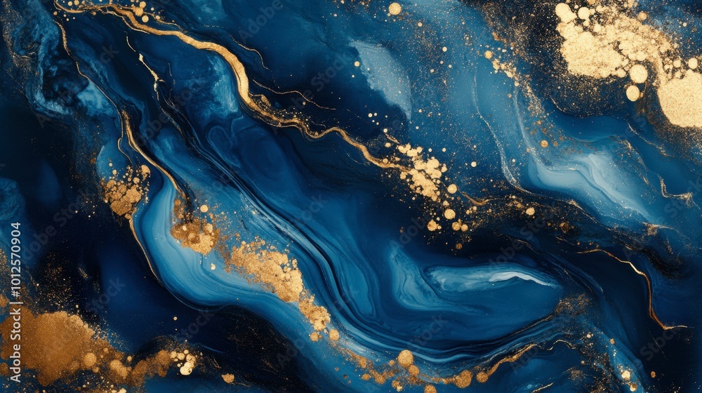 A luxurious fluid art composition in deep blues and golds, with organic flows and shimmering metallic details. A luxurious fluid art composition in deep blues and golds, with organic flows and shimmering metallic details.