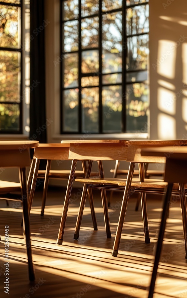 Backtoschool concept in an empty high school classroom with wooden lecture desks and chairs Soft shadows, wideangle shot, clean vintage interior, bright natural light Backtoschool concept in an empty high school classroom with wooden lecture desks and chairs Soft shadows, wideangle shot, clean vintage interior, bright natural light