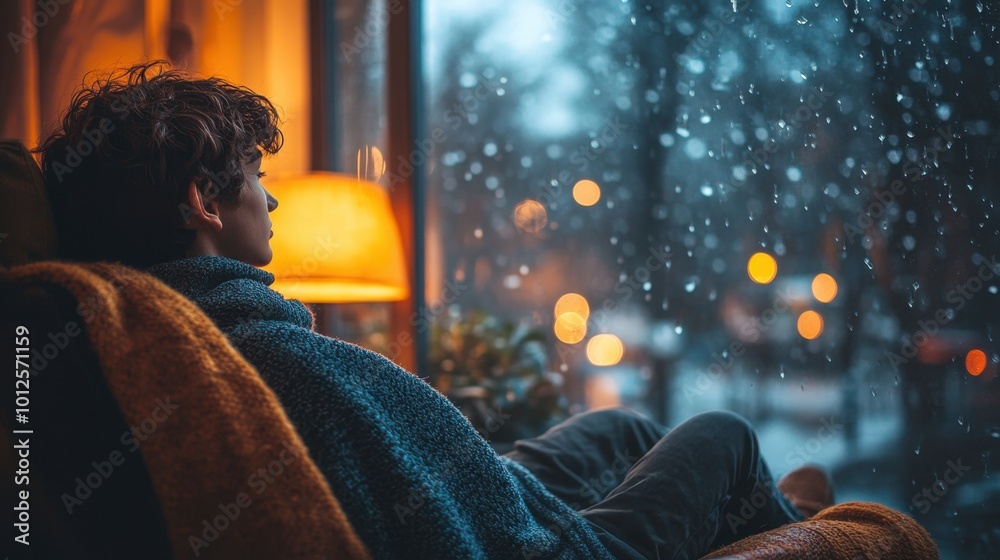 A boy curled up in a blanket, sitting in a chair by the window, looking out at the rainy night, with the warm lighting from a nearby lamp illuminating the scene A boy curled up in a blanket, sitting in a chair by the window, looking out at the rainy night, with the warm lighting from a nearby lamp illuminating the scene