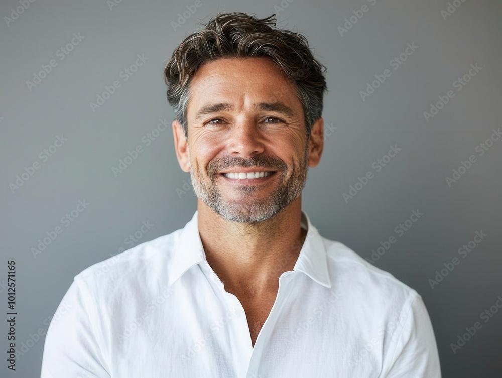 The professional man in a white shirt, cheerful expression as he faces the camera, plenty of copy space on a minimalistic background The professional man in a white shirt, cheerful expression as he faces the camera, plenty of copy space on a minimalistic background
