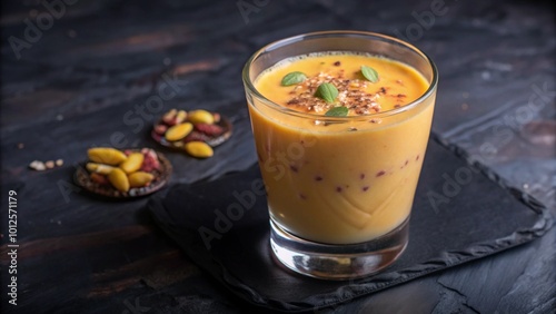 A creamy mango drink garnished with nuts and seeds.