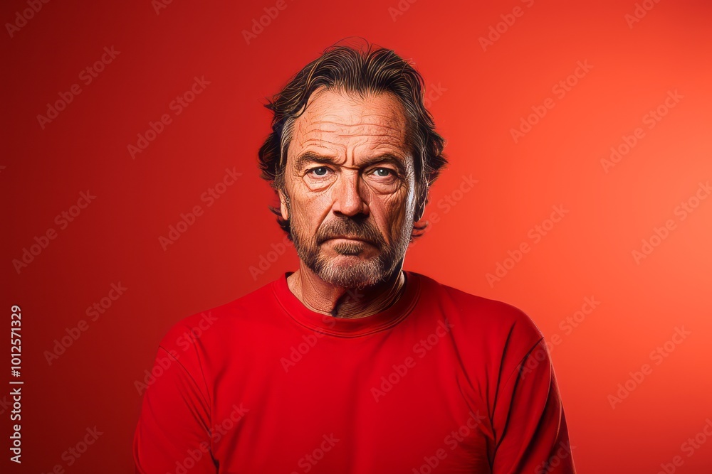 senior cool man with beard unhappy and frustrated with something on red background