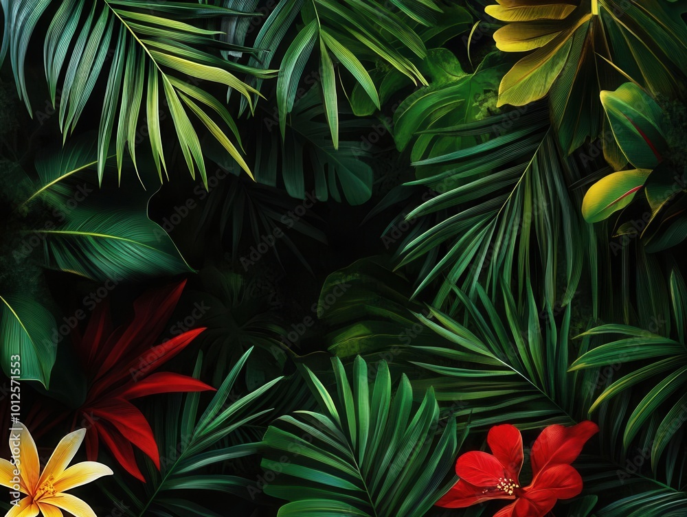 Vibrant tropical leaves and flowers on a dark background. Vibrant tropical leaves and flowers on a dark background.