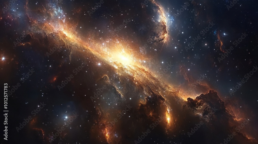 A panorama of a galaxy with bright star formations, swirling cosmic dust, and vibrant nebulae, set against the deep, dark sky. A panorama of a galaxy with bright star formations, swirling cosmic dust, and vibrant nebulae, set against the deep, dark sky.