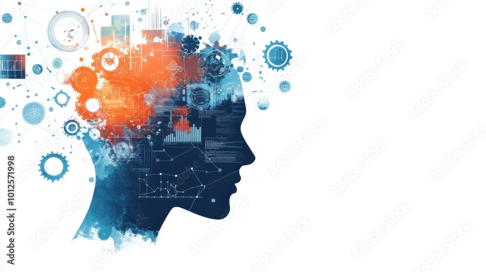Silhouette of a human head with gears, data, and abstract graphics, representing artificial intelligence, technology, and digital transformation. Silhouette of a human head with gears, data, and abstract graphics, representing artificial intelligence, technology, and digital transformation.