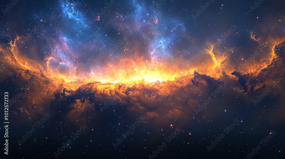 A panorama of a galaxy with glowing nebula clouds and twinkling stars, showcasing the beauty of the universe in vivid detail. A panorama of a galaxy with glowing nebula clouds and twinkling stars, showcasing the beauty of the universe in vivid detail.