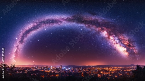 A panorama of the Milky Way galaxy arching over a city skyline, with bright stars and cosmic dust illuminating the night sky.