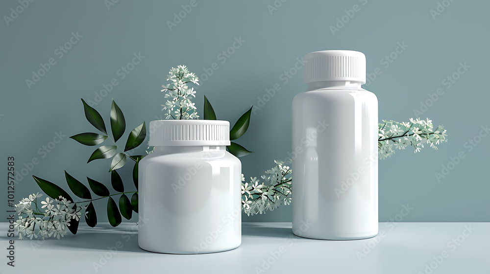 Two white pill bottles with white flowers and green leaves on a light blue background. Two white pill bottles with white flowers and green leaves on a light blue background.