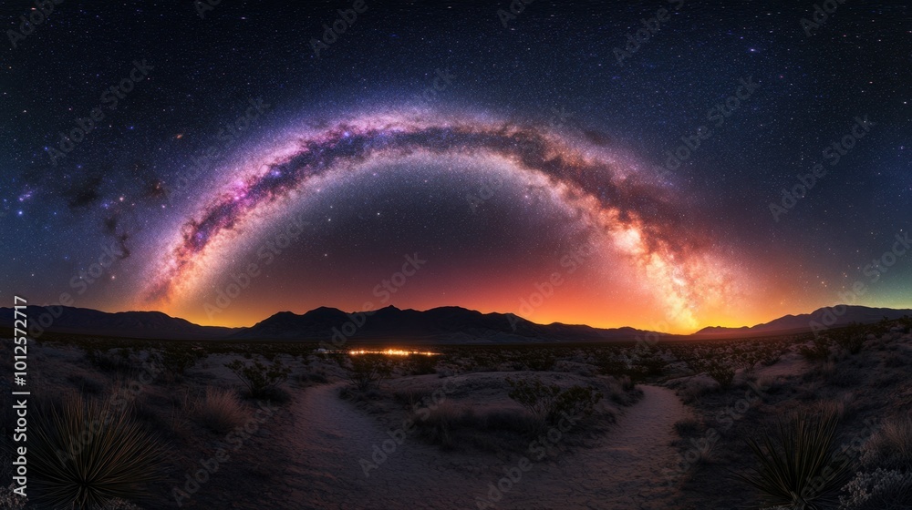 Fototapeta premium A panorama of the Milky Way galaxy stretching across a desert landscape, with vivid colors and twinkling stars lighting up the sky.