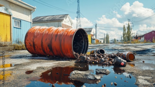 Hazardous materials spilling from a container in a residential area, showing the dangers of improper storage and disposal photo