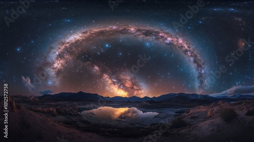 A panorama of the Milky Way galaxy with dense star clusters and dark cosmic voids, creating a stunning visual across the night sky.