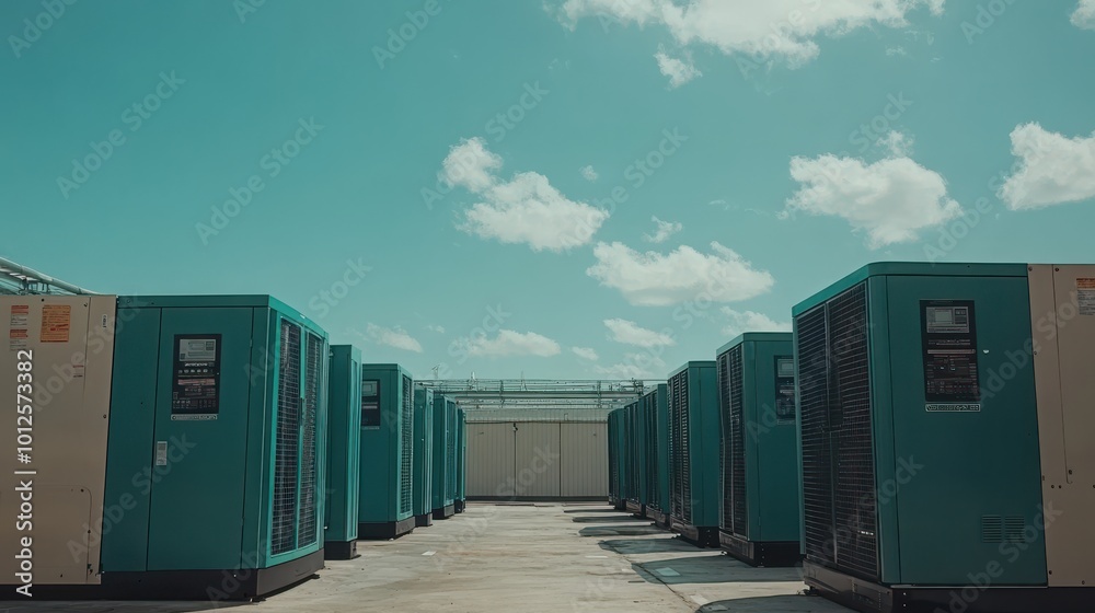 Factory backup diesel generators humming in a modern industrial setting Factory backup diesel generators humming in a modern industrial setting