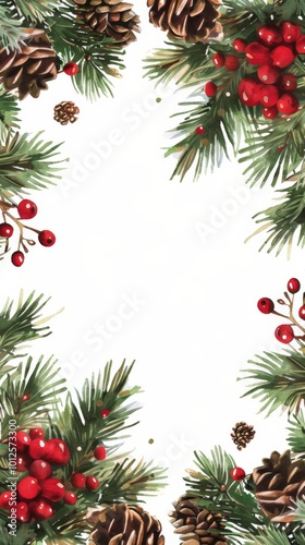 Christmas Border Frame of Tree Branches, Red Berries, and Pine Cones: Large Copy Space on White Background