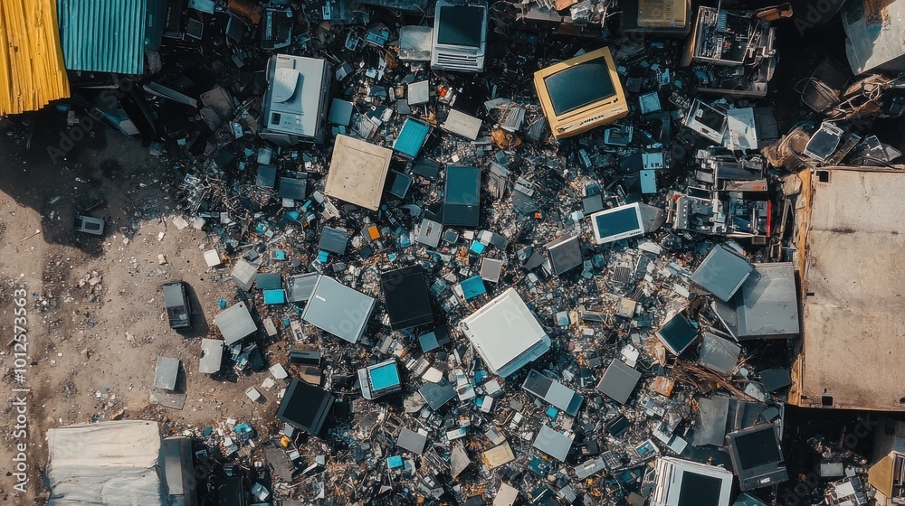 Piles of discarded electronics at an e-waste dump, illustrating the growing problem of electronic waste and its toxic impact on the environment Piles of discarded electronics at an e-waste dump, illustrating the growing problem of electronic waste and its toxic impact on the environment