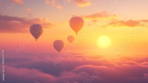 Four hot air balloons flying above the clouds at sunset.