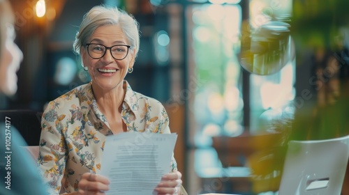 Fototapeta Naklejka Na Ścianę i Meble -  Smiling mature business woman hr holding cv document at job interview. Happy mid aged professional banking manager or lawyer consulting client sitting at workplace in corporate office meeting.
